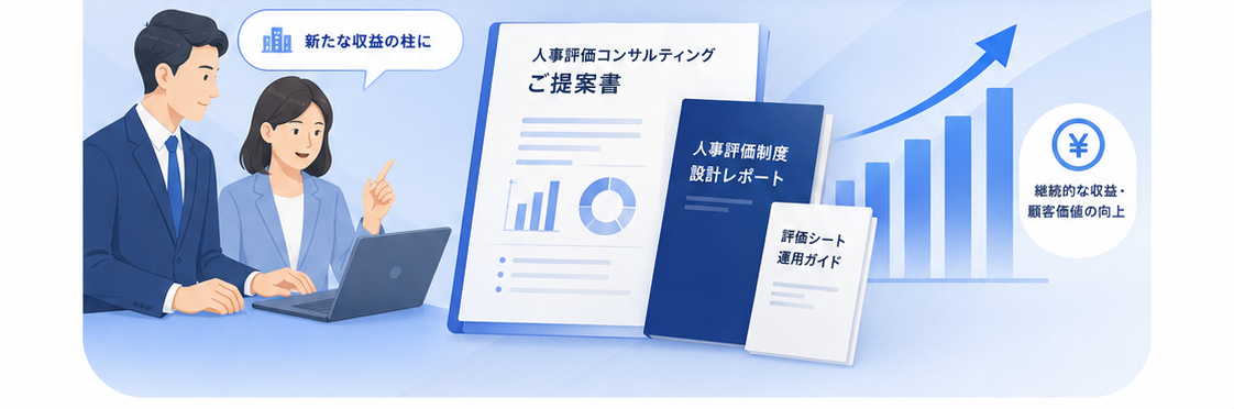 人事評価コンサルティングのご提案書と継続的な収益・顧客価値の向上イメージ